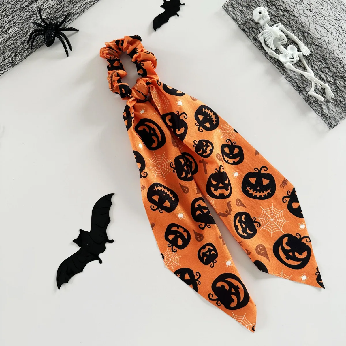 Halloween printed scarf, tight pants, pumpkin bat, spider web pattern, bow, women's long ribbon, holiday hair accessory view 6