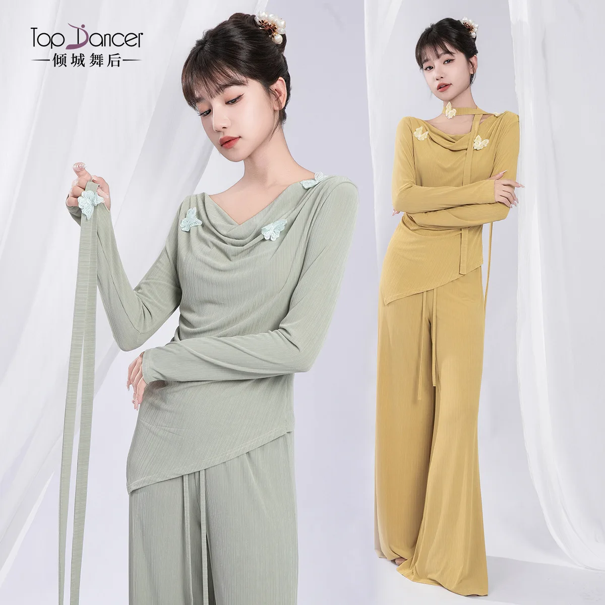 

Классический танцевальный костюм, новый китайский стиль, распашной воротник, топ с длинными рукавами и бабочкой, китайский современный танцевальный костюм для физической подготовки