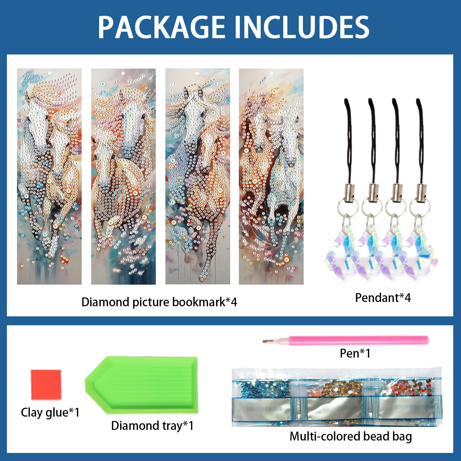 4PCS Diamond Art Painting Bookmarks,DIY Colorful horses Crystal Diamond Art with Diamond Pendant Handmade Reading Bookmark Gift