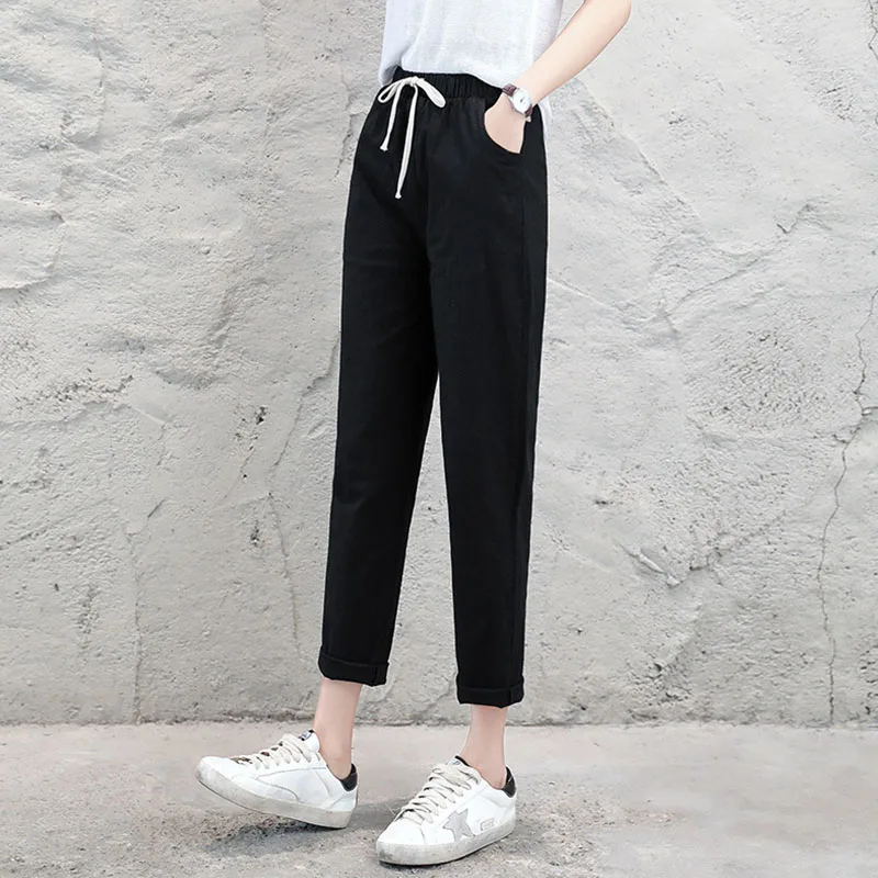 Women Casual Long Ankle Length Trousers 2024 Summer Autumn Elastic Waist Soft High Quality Cotton Linen Pants