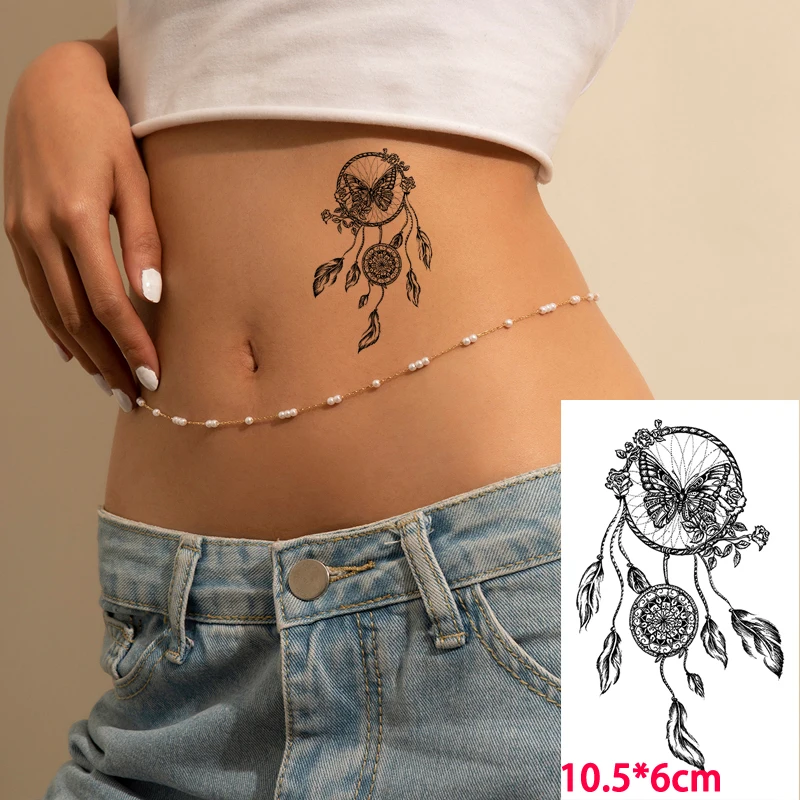 Waterproof Temporary Tattoo Sticker Black Dream Catcher Butterfly Feather Tattoo Fake Tatto Body Art Neck Wrist Leg Women Men