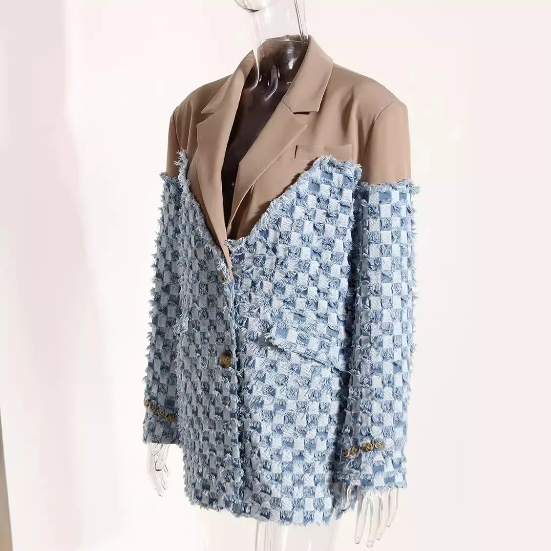 시크 여성용 봄 긴팔 데님 재킷, 스플라이싱 플래드 워싱, 오래된 디자인 컬러 블록킹 여성 코트