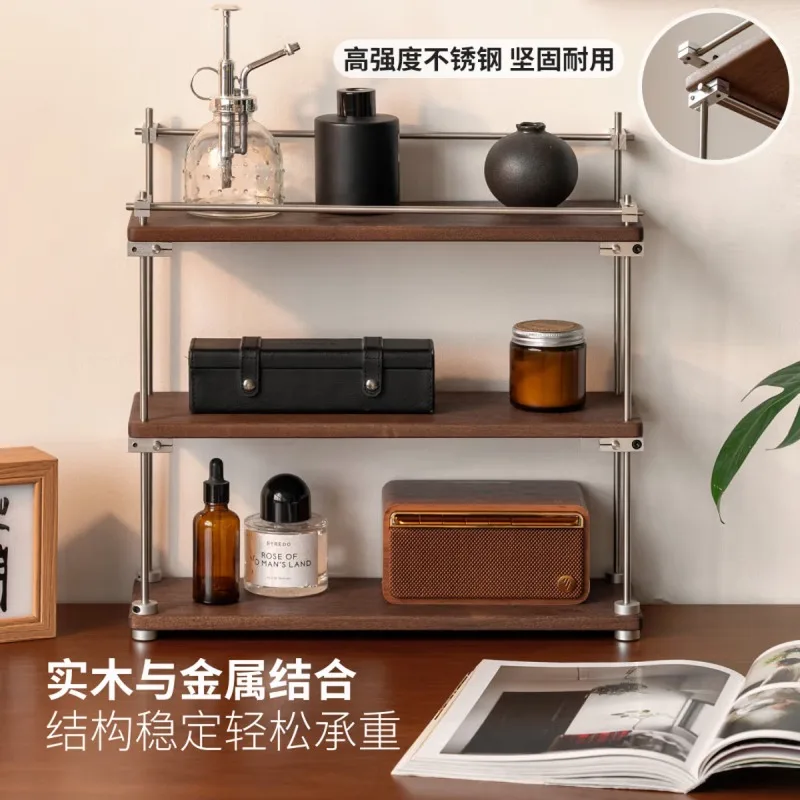 Solid wood rack, antique office desktop, multi-layer storage rack, industrial style cafe cup rack 0.4 meters, three-layer rack
