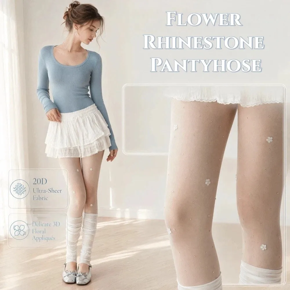 Bling Hosiery Y2K Rhinestone Pantyhose Dopamine Stretch Silk Stockings Shiny Transparent Flower Tights Women