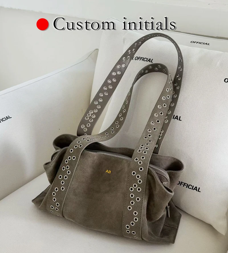 Custom Initials Leather Underarm Bags For Women Luxury Designer Handbag And Purse 2026 New In Cowhide Rivet Wide Straps Shoulder