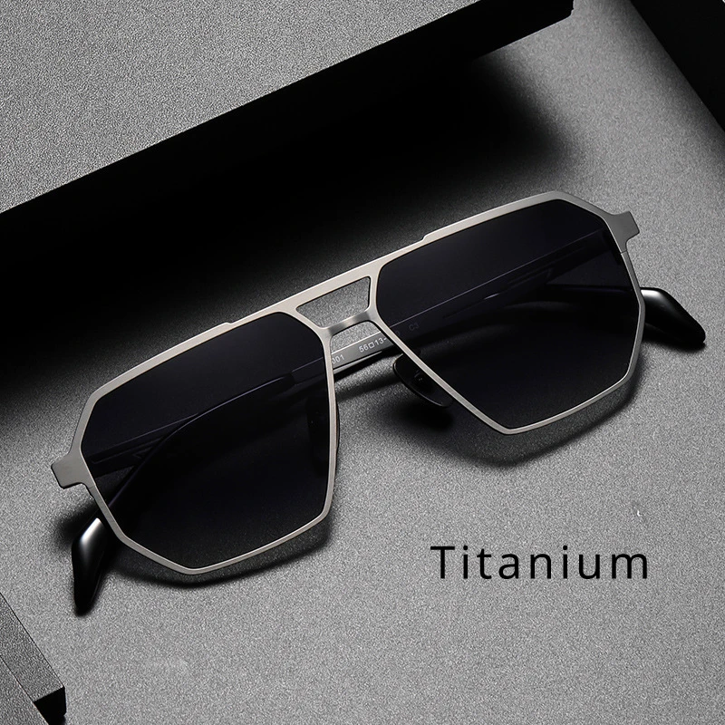 Pure Titanium Polarized Sunglasses Irregular Polygonal Double Bridge Titanium Frame Fashionable Trendy UV Resistant Sunglasses