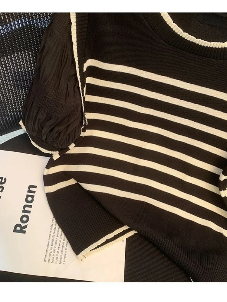 2025 Women Fashion Striped Basic Cropped Knit Sweater Vintage O Neck Short Sleeve Female Pullovers Chic Tops