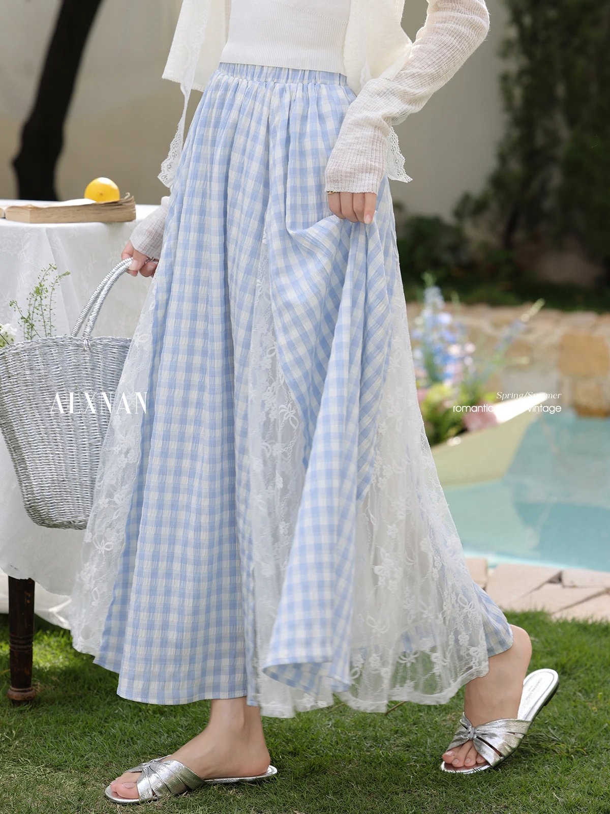 ALXNAN Women's Skirt Blue Plaid Lace Long A-line Skirt 2025 Summer Casual Elastic Waist Loose-fit Midi Ladies Clothing L55767
