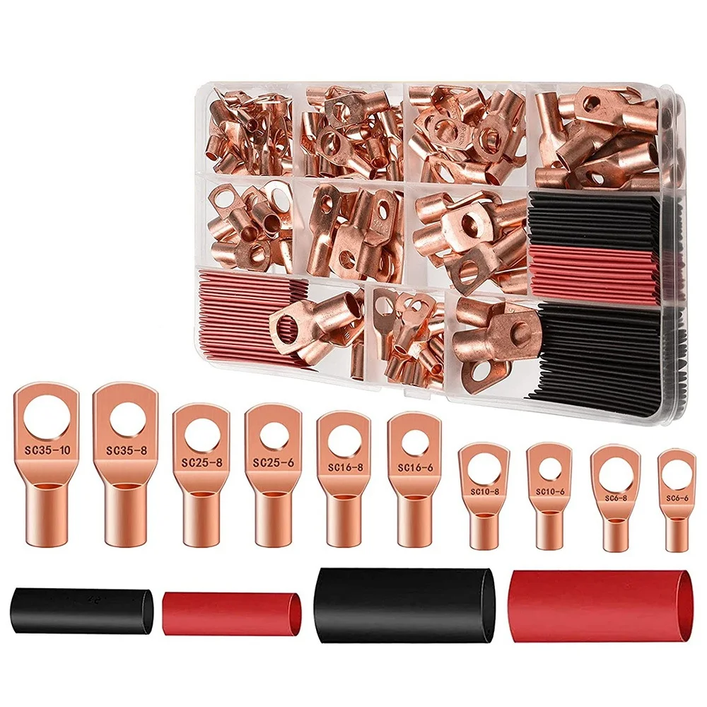 210Pcs Copper Wire Lugs AWG 2 4 6 8 10 12 with Heat Shrink Set,100Pcs Battery Cable Lugs with 110Pcs Heat Shrink Tube