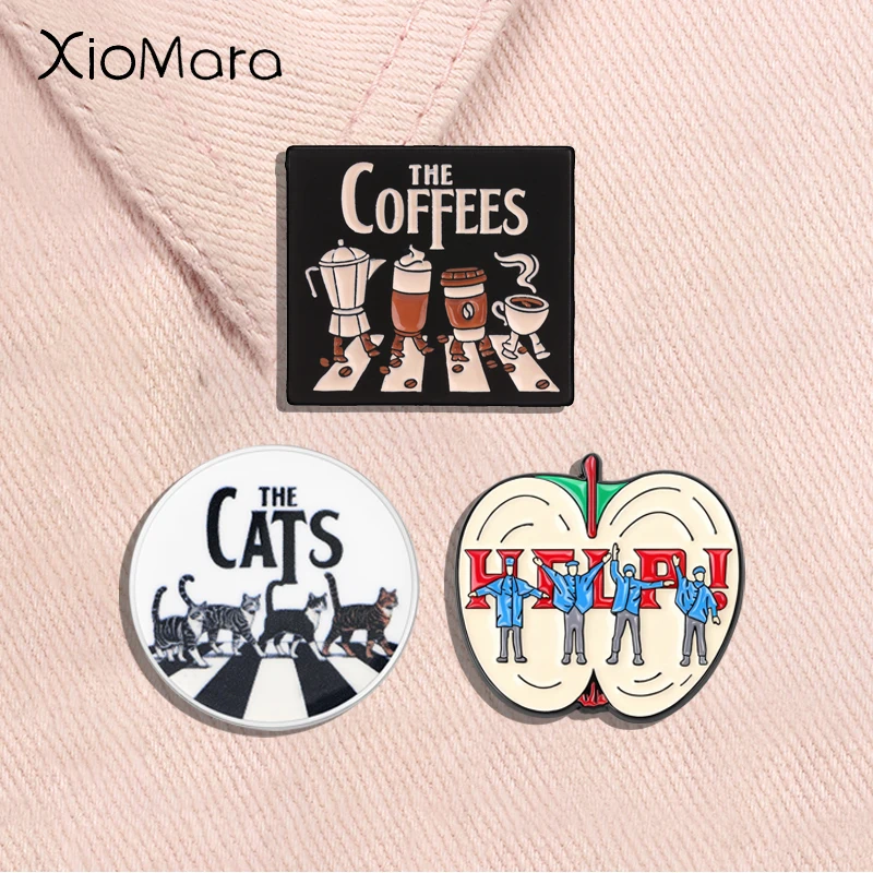 The Coffees Abbey Road Enamel Pins Funny Coffee Walking Zebra Crossing Coffee Lover Rock Band Brooches Lapel Badge Jewelry Gifts