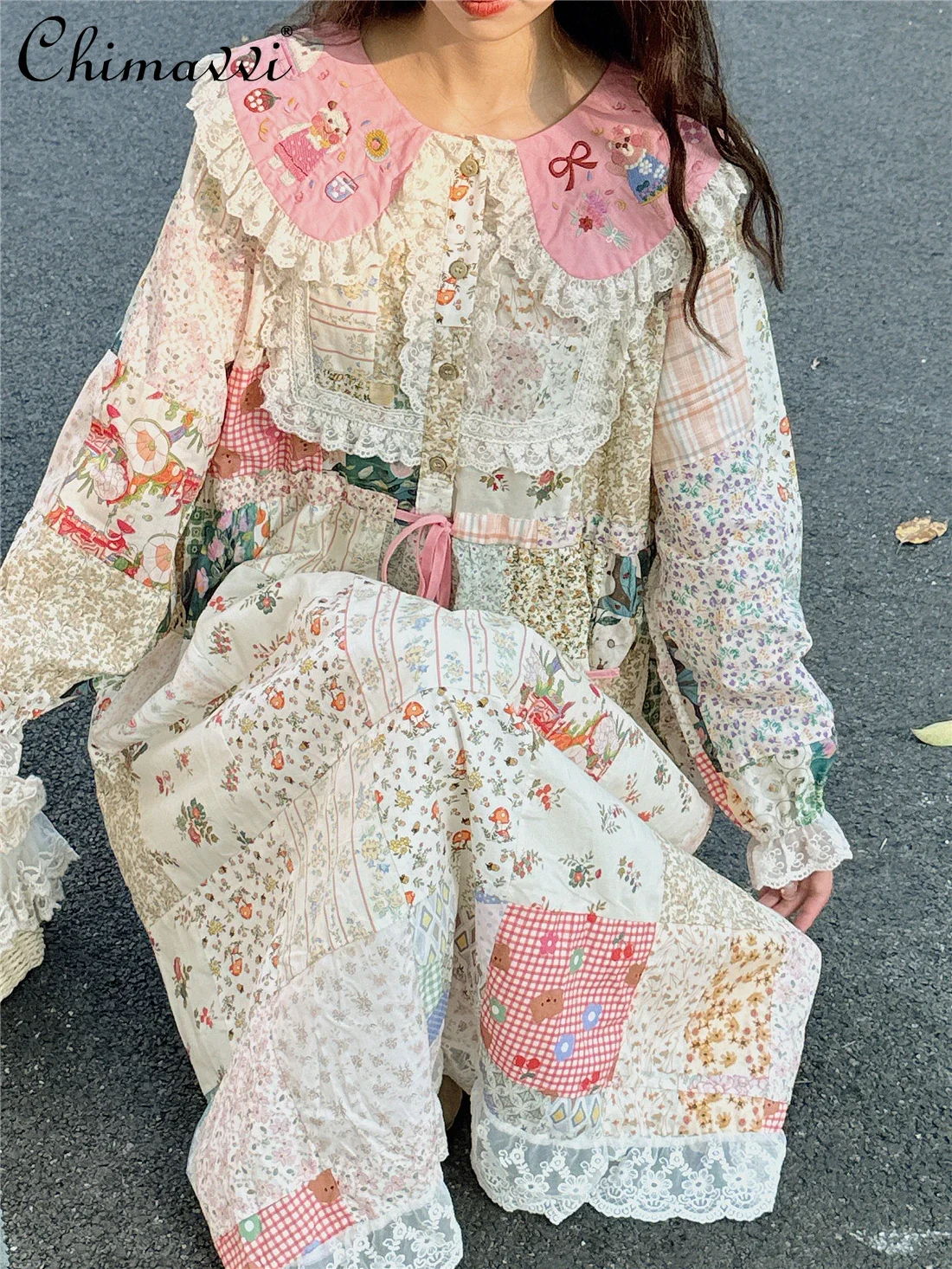 Mori Sweet Girl Pink Embroidered Doll Collar Patchwork Dress Autumn New Pastoral Style Floral Vintage Heavy Long Dresses Women