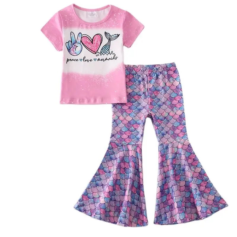 

Wholesale children's clothing girl boutique fish scale suit tie-dye technology cute set flared pants girls suit summer girl set