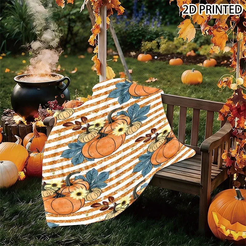 Vibrant Fall Pumpkin And Sunflower Print Throw Blanket, White-Orange Striped Base with Golden Speck Accent, Multiple Specificati