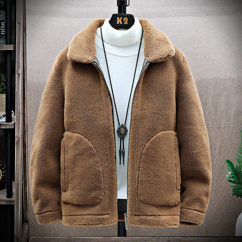 

Мужская демисезонная куртка из искусственной кожи с подкладкой из овечьей шерсти, с отложным воротником, на молнии, для всех сезонов