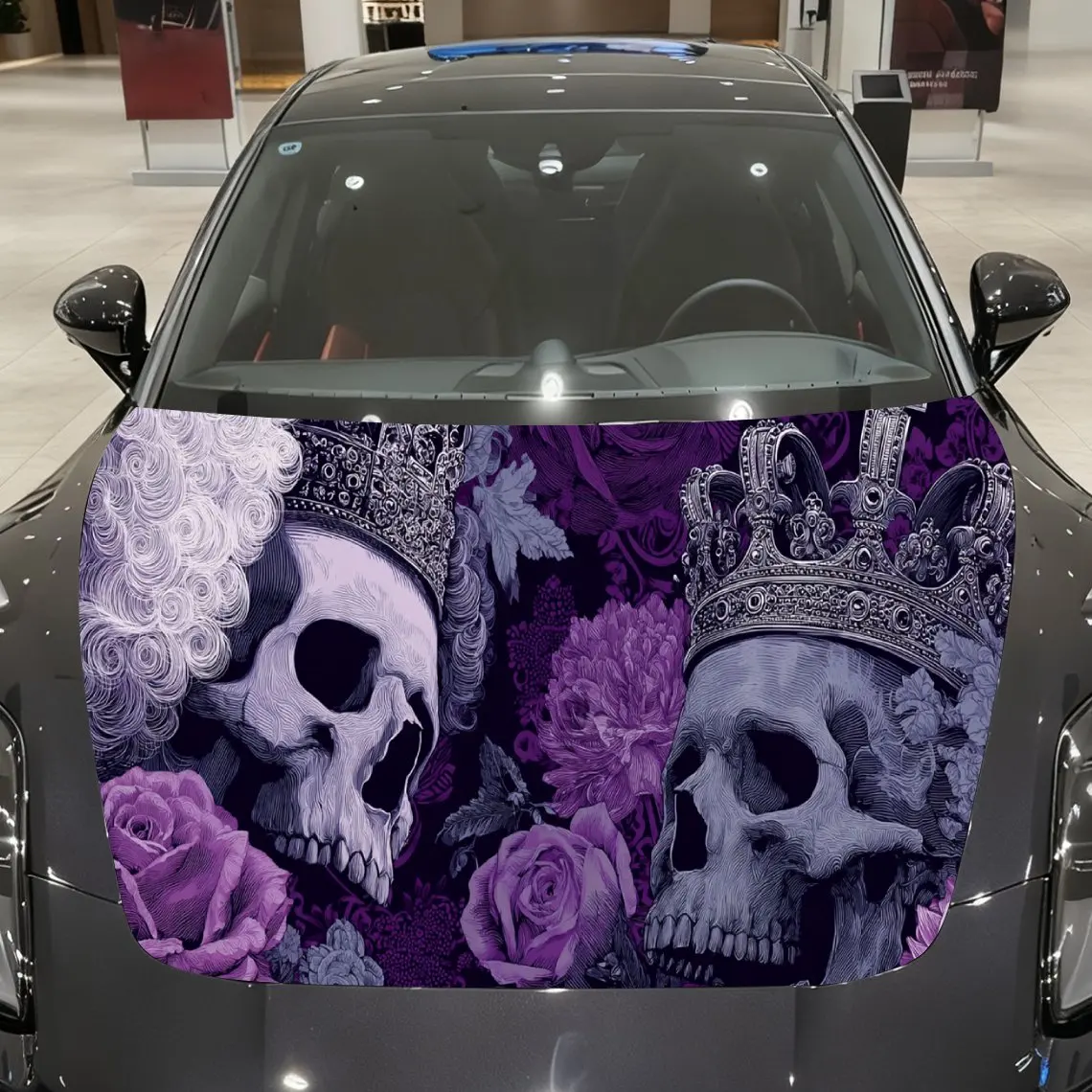 

Artistic Purple Rose Skull Car Hood Wrap, Gothic Royal Inspired Car Hood Decal, Car Exterior Accessory, Waterproof and Self-adhe