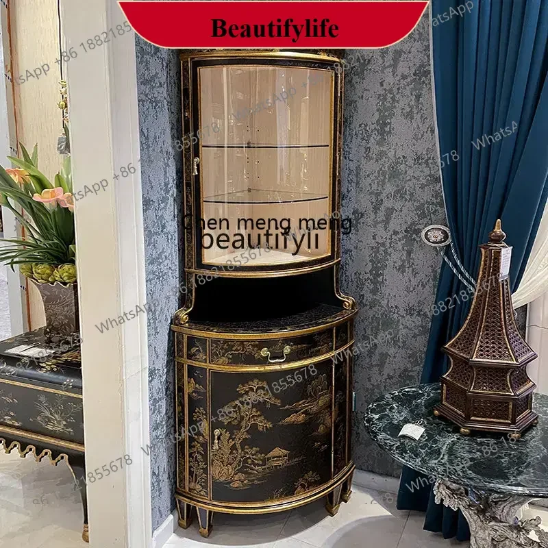 D178 Y yj French Retro Triangle Display Cabinet Solid Wood Hand-Painted Cloth Crack Distressed Art Glass Wine Cabinet