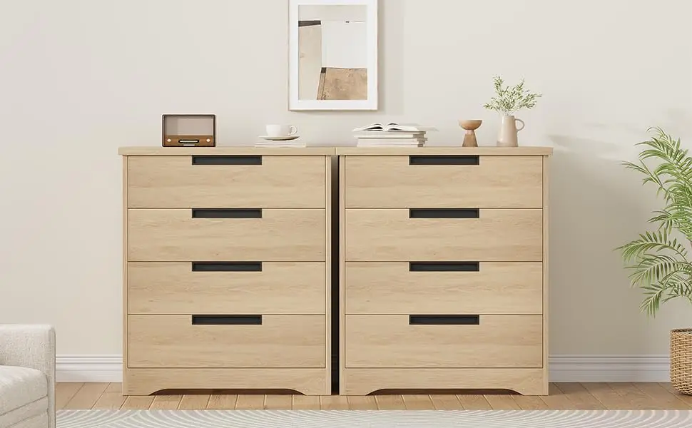 Versatile 4-Drawer Wooden Dresser - Modern Tall Sideboard with Integrated Handles and 2-Tier Storage, Ideal for Bedroom, Living Room, Hallway & Nursery, Color: Natural Oak/Black