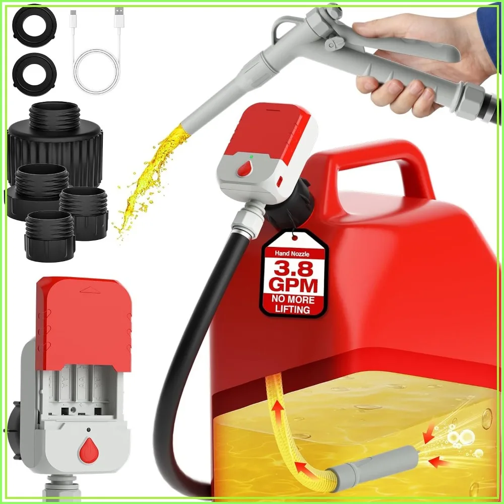 

Portable Fuel Transfer Pump with Hand Nozzle, 3.8 GPM, 51" Rubber Hose, Battery & USB Powered, 4 Adapters, Leak-proof for Gasoline, Diesel, Kerosene