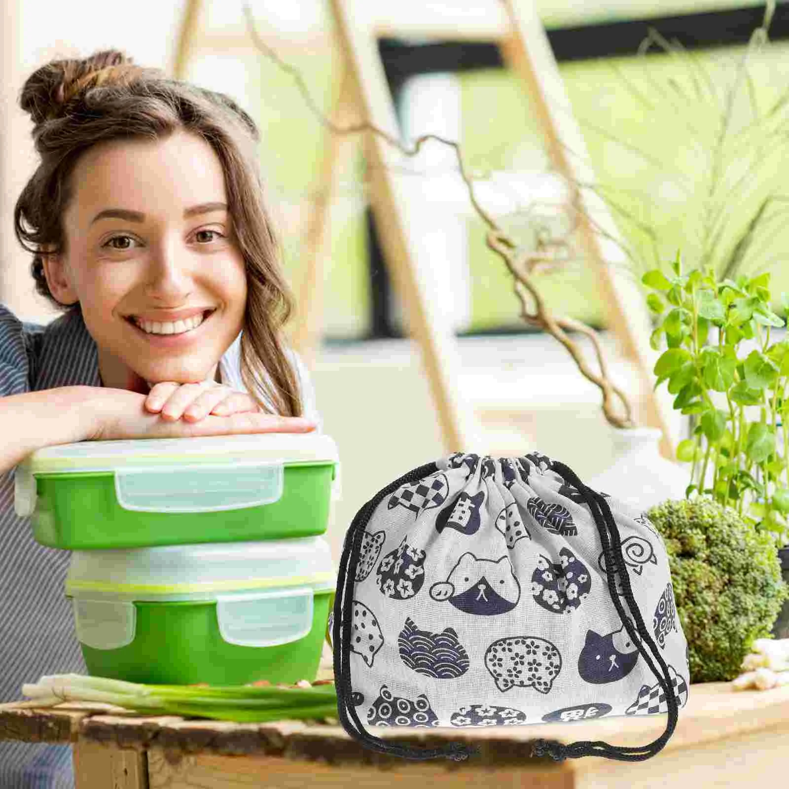 Thickened Lunch Box Bag Japanese Style Drawstring With Cotton And Hemp Drawstring Portable Children Travel Tableware Storage Bag