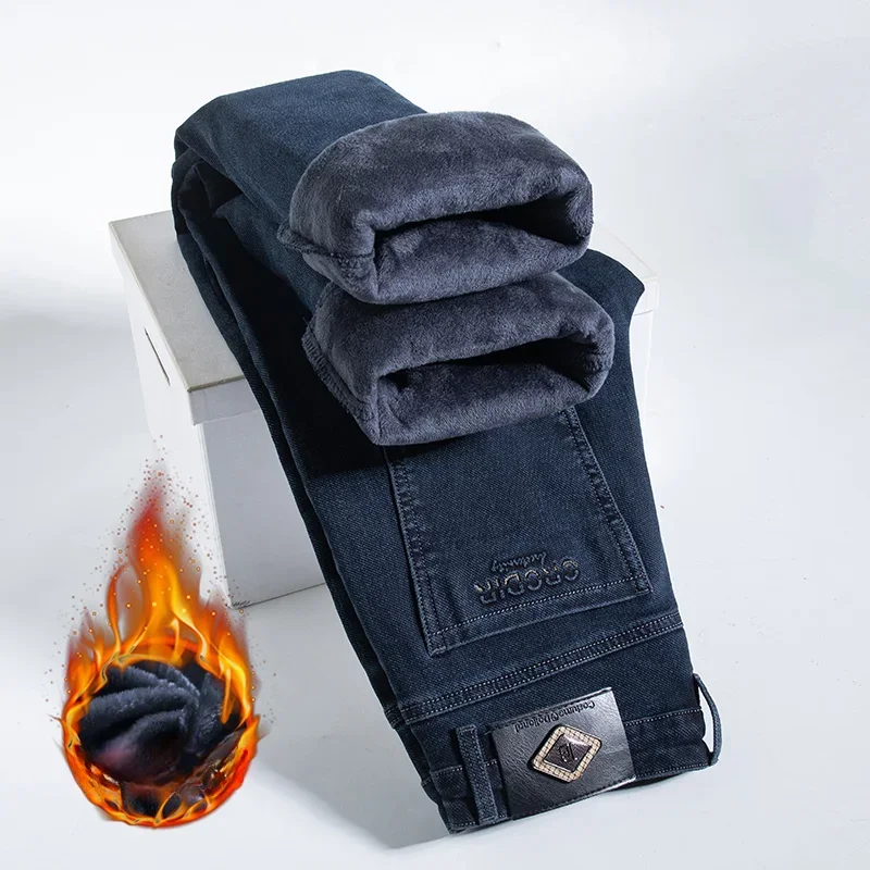 

Winter 2025 Men's Thicken Fleece Jeans Business Pans Denim Pants Loose Straight Stretch Warm Trousers Male Haze Blue Black Gray