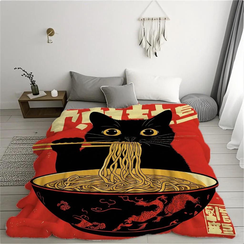 A Vintage Cat Eating Ramen Printed Flannel Blanket, Soft And Comfortable Fleece, Suitable for Pets And Home Decor, Modern Style,