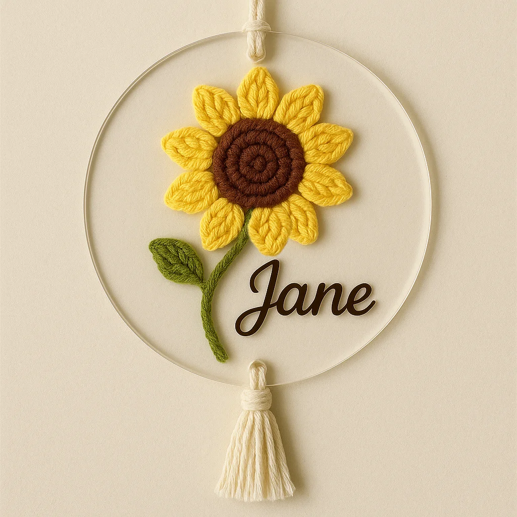 Custom Acrylic Name Sign with Handmade Crochet Sunflower – Personalized Door Plaque for Bedroom Decor Newborn Gift