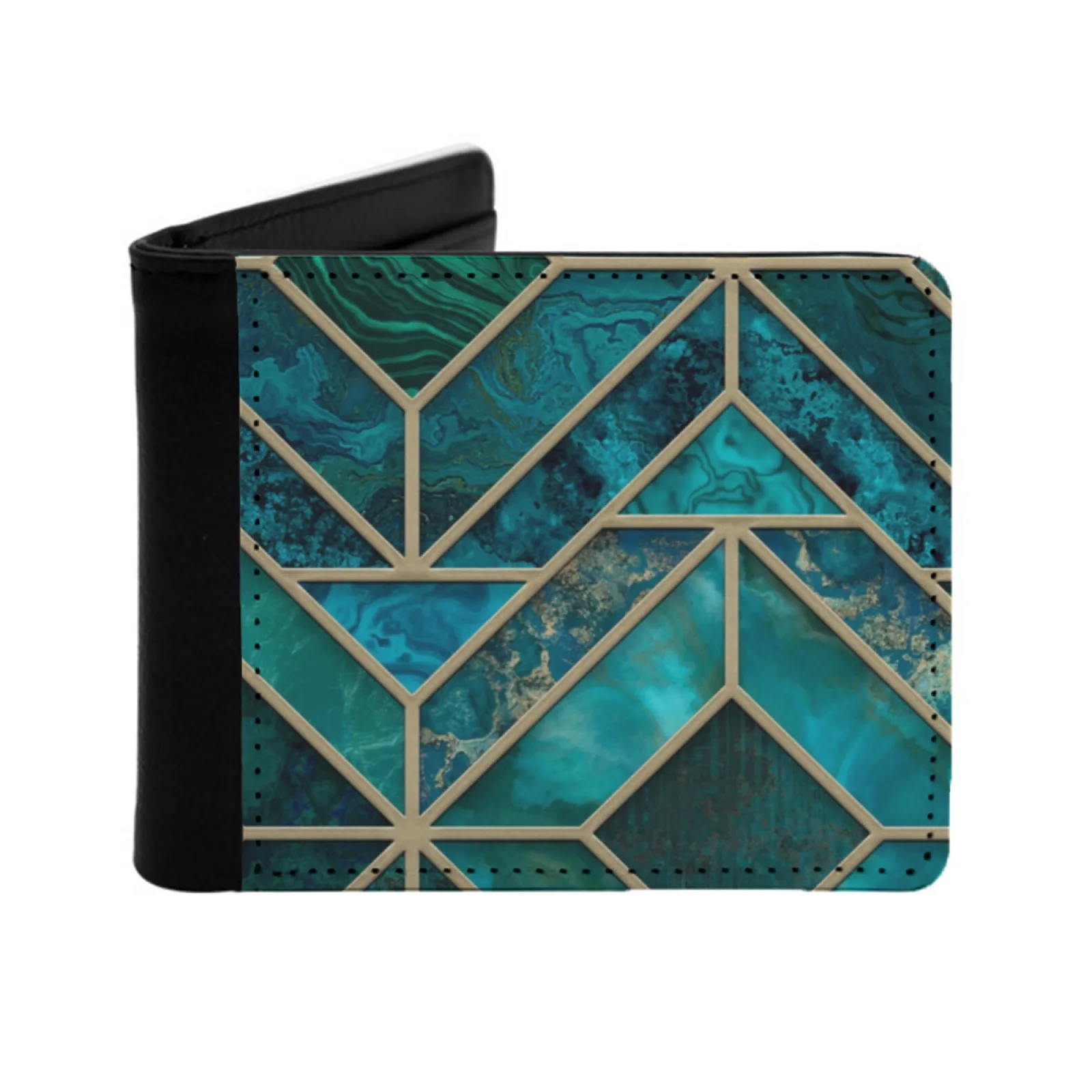 

Turqoise Teal Art Deco Inspired Gemstone Marble Stained Glass Personalized Men's Leather Wallet Credit Card Pouch Purse Art