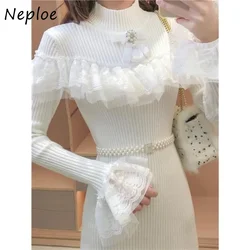 Neploe Stand Neck Lace Patchwork Bowknot Robe Femme Vestidos De Mujer Elegant Solid Color Flare Sleeve Knit Hip Package Dresses