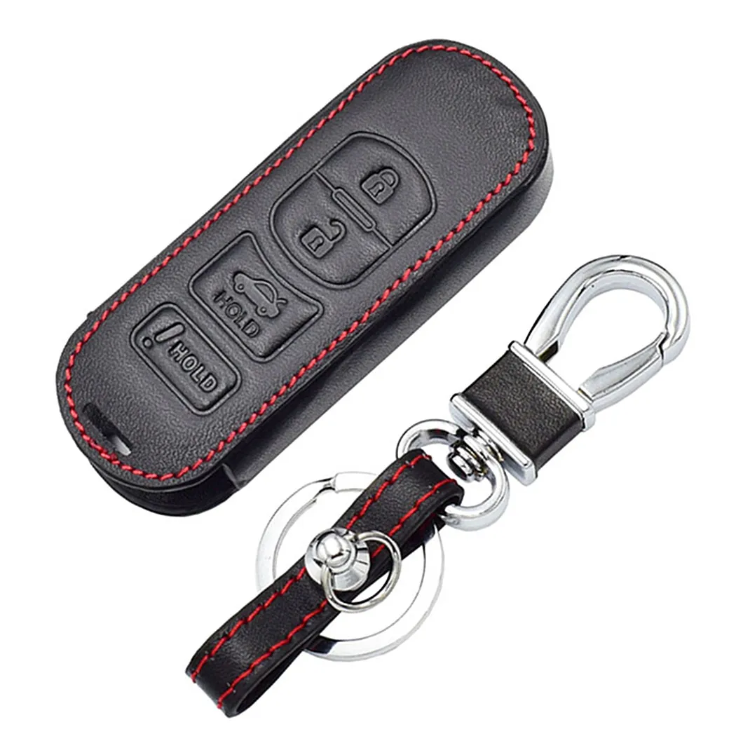 

WFMJ Black Leather Key Chain Holder Cover Fob Bag For Mazda Smart Remote 4 Buttons