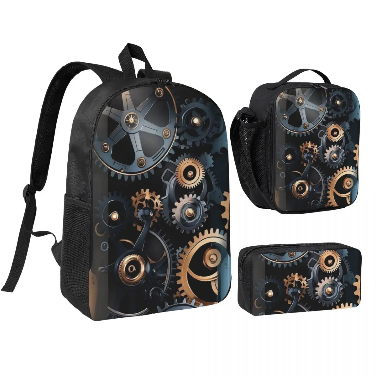 

Mechanical Machine Gears Steampunk Style Backpack Student BookBag School Bag Shoulder Bags 3ps Insulated Lunch Bag Pencil Case