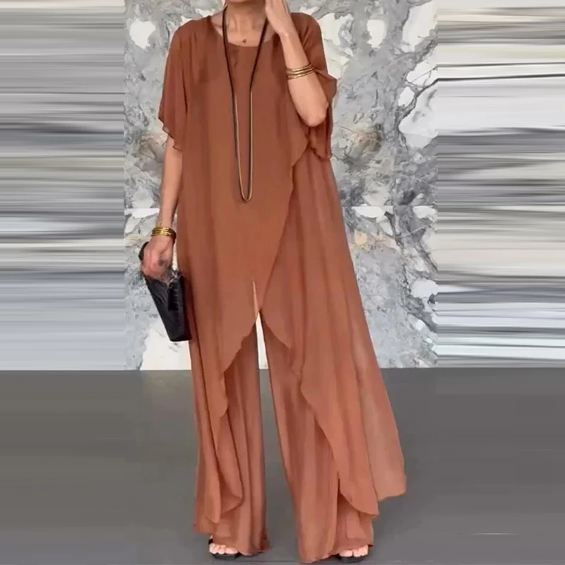 

Elegant Lady Solid Color O-neck Commute Outfits Summer Loose Chiffon Tops And Long Pants Sets Women Irregular Pullover Two Piece