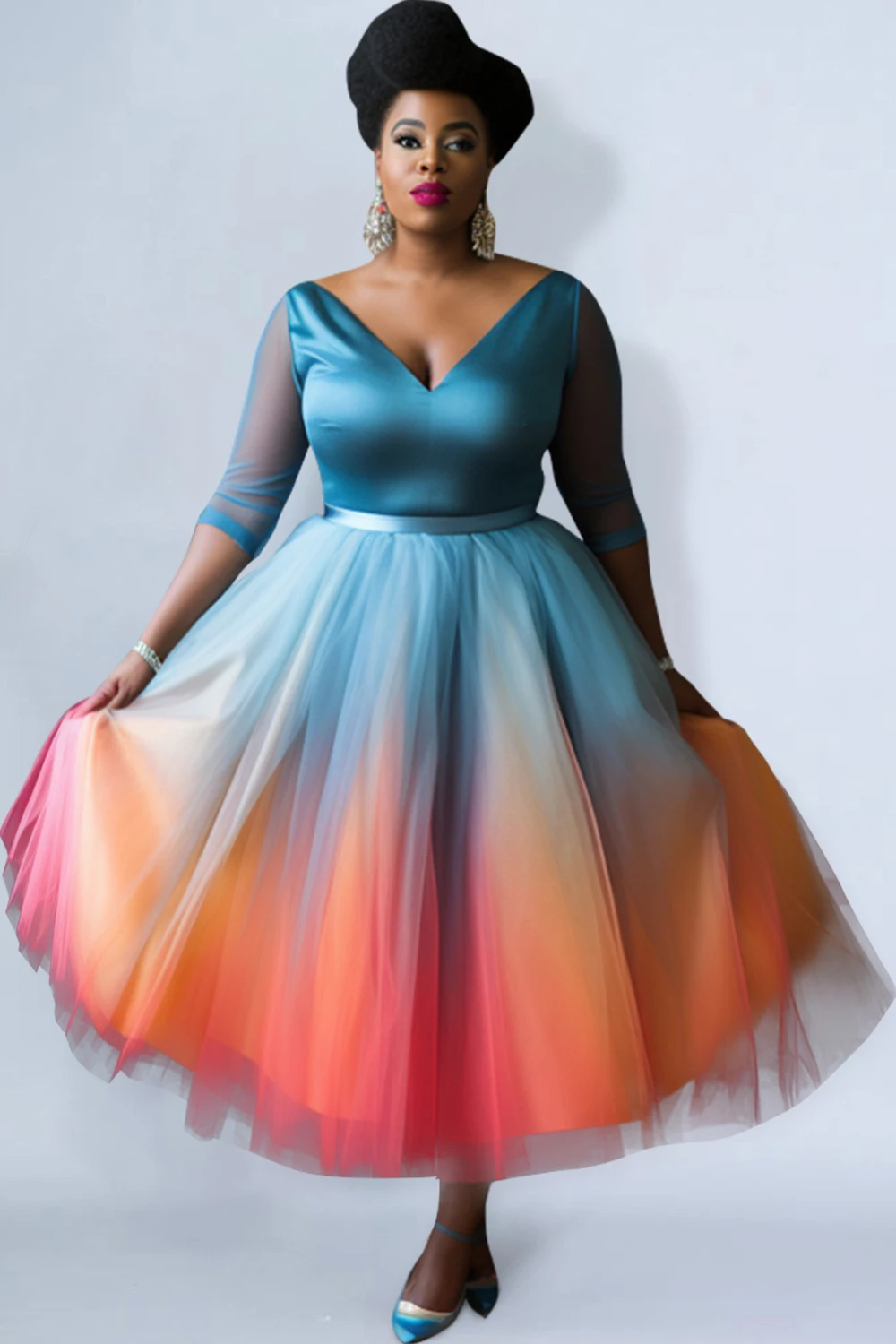 Women Plus Size Wedding Guest Dress Elegant Blue Gradient V Neck Half Sleeve Satin Fashion Mesh A-Line Party Club Midi Dresses