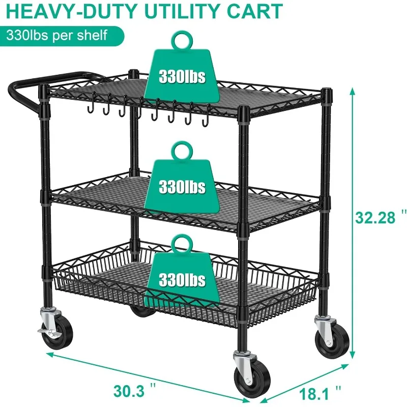 Heavy Duty Rolling Cart with Wheels, 3 Tier Commercial Grade Utility Cart Metal Kitchen Storage Trolley Wire Cart Food Storage