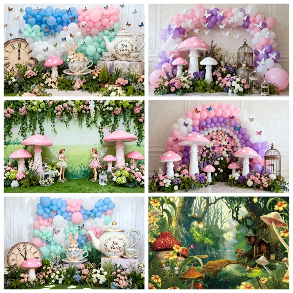 

Fantasy Jungle Forest Theme Banner Background, Fairy Tale Wonderland Mushroom Elf Girl Birthday Decoration Photography Backdrop