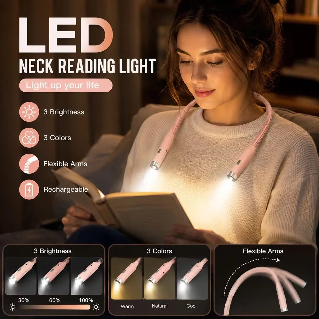Hands‑Free Neck Light for Reading in Bed Soft TPE Wearable LED Neck Lamp Reading Light Eye‑Care Neck Torch for Book Lovers Craft