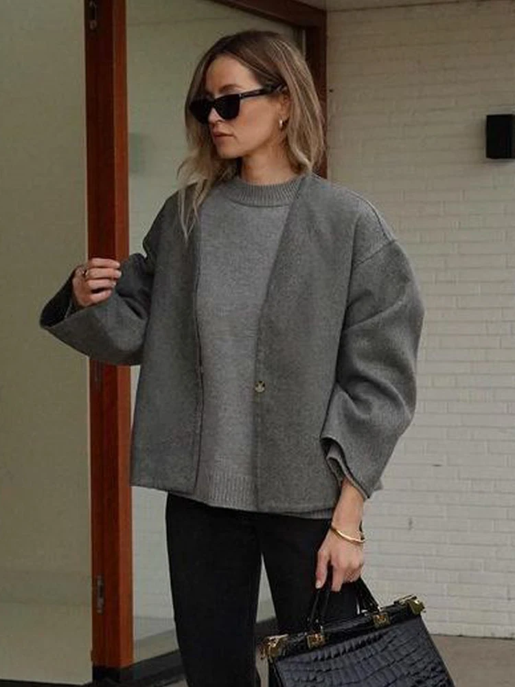 Faux Woolen Coat Women Grey Autumn Winter Crop Overcoat Lady Elegant Fashion Long Sleeve Jacket Female Casual Loose V-Neck Coats