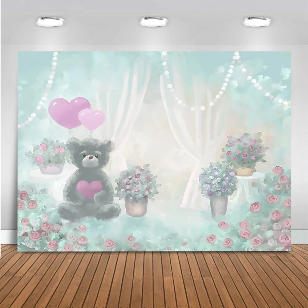 7X5FT Cute Teddy Bear Oh Baby Shower Balloons Happy Birthday Party One Custom Photo Backdrop Background Vinyl 220cm X 150cm