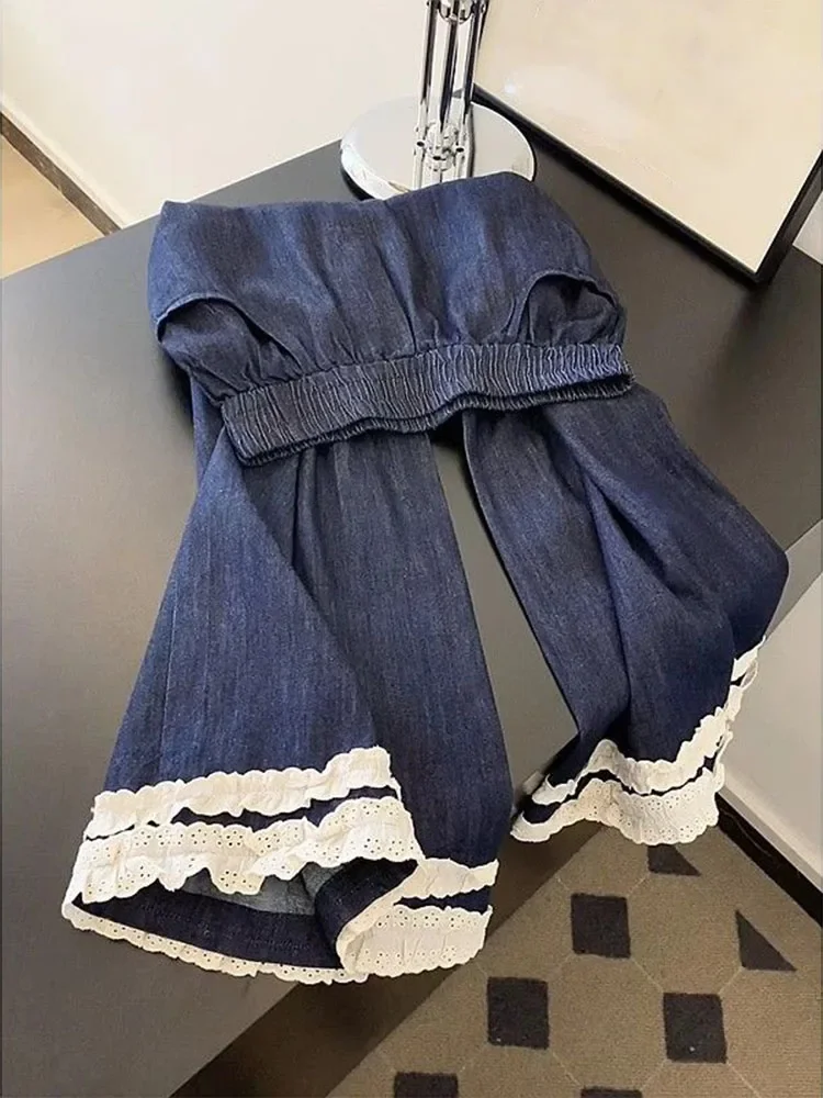 Perna larga rendas pantalones jeans mujer streetwear feminino coreano solto outono calças grunge casual chique novo