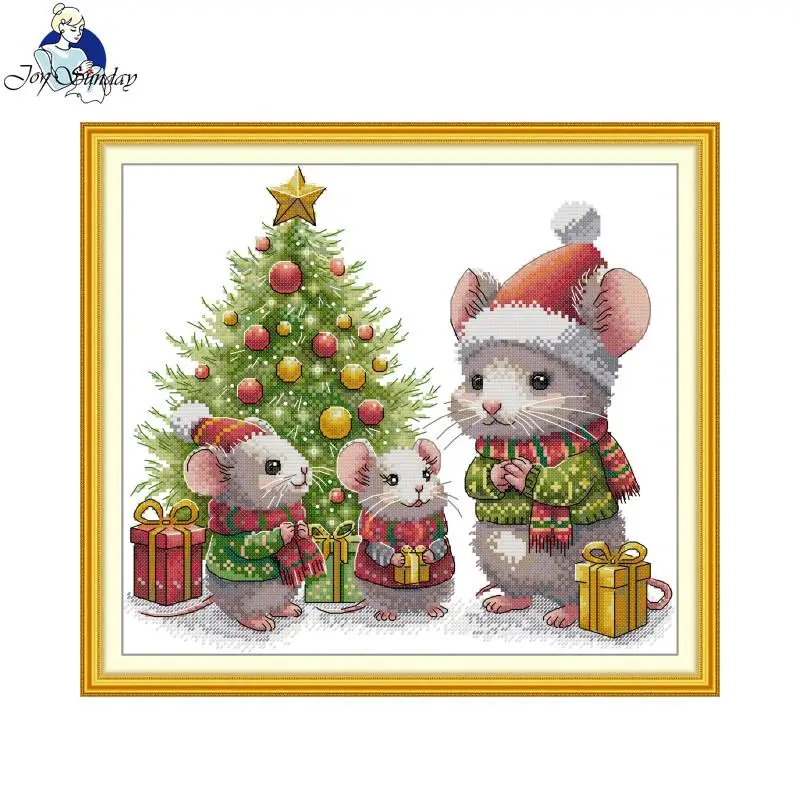 

Joy Sunday Cross Stitch Kit 16/14/11CT Mousey's Christmas Pattern DMC Printed Embroidery Needlework Set with Gift New
