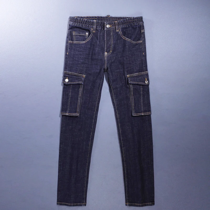 

Уличный дизайнер Модные мужские джинсы Высокое качество Винтаж Темно-синие эластичные тонкие брендовые джинсы Мужские джинсовые брюки в стиле хип-хоп с несколькими карманами