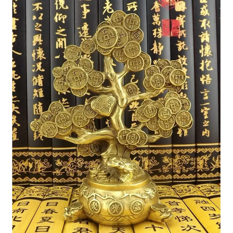 

Chinese Brass 19CM Coin Tree Statue Feng Shui Wealth Money Toad Figures Decor