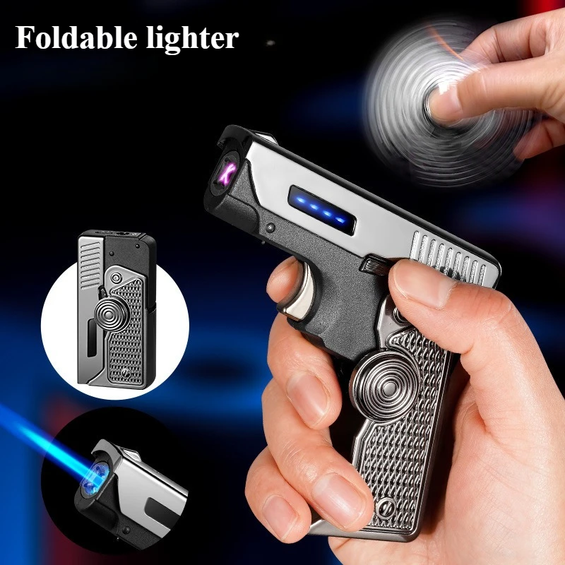 

New Foldable Pistol Shape Gas Electric Double Flame Lighter USB Lighter Smoking Cigar Tool Gadgets for Men