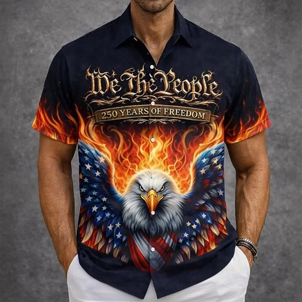 American Retro Flame Eagle Head Flower Shirt Men's Loose Shirt Summer Lightweight Daily Commuting Shirt