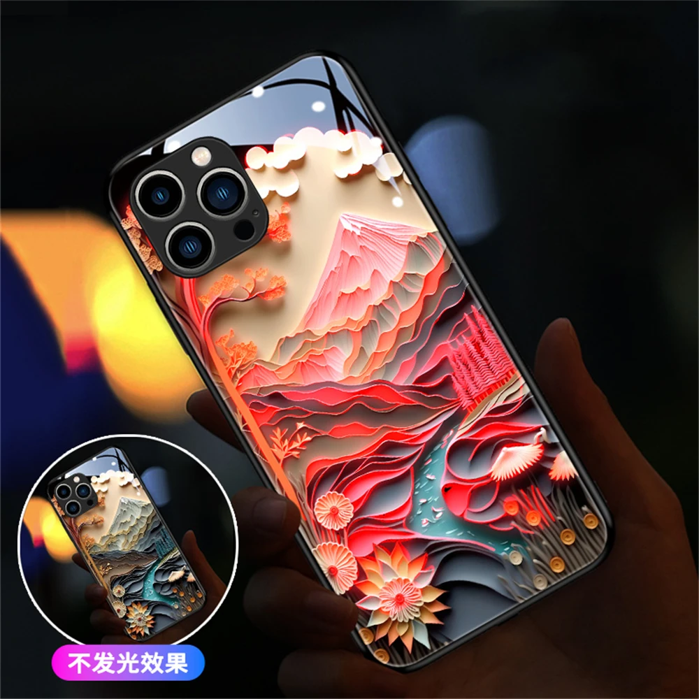 

Pretty Mount Fuji Luminous Glass LED Phone Case For OPPO Reno 3 4 5 6 7 8 9 Pro Plus Find X5 Call Light Flash Up Control Cover