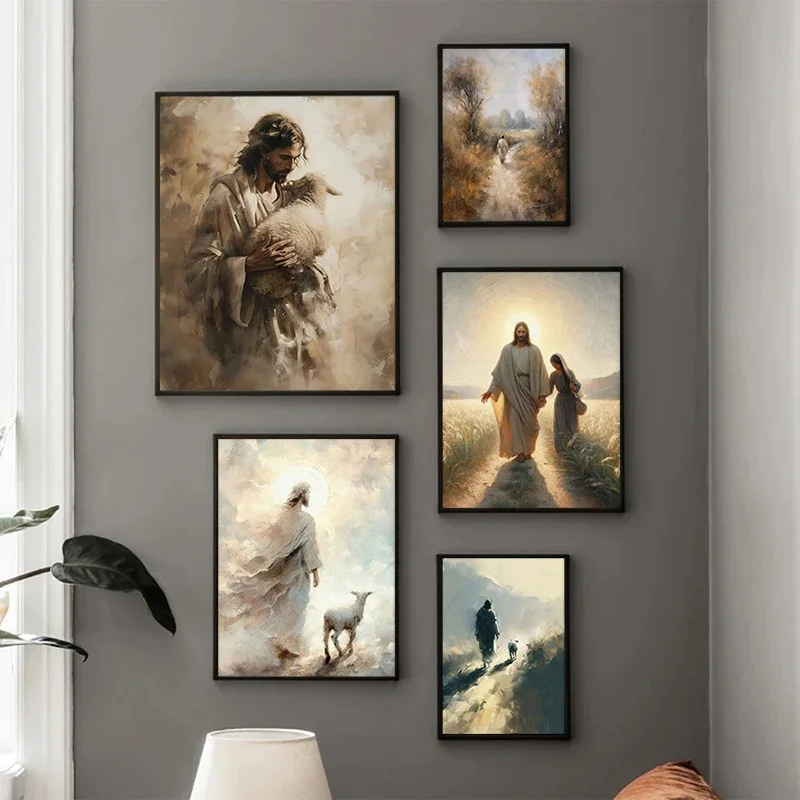 (2D canvas painting)  Jesus Lion on Walk Water Christianity Posters Wall Art Pictures Canvas Painting Living Room Bedroom Hom