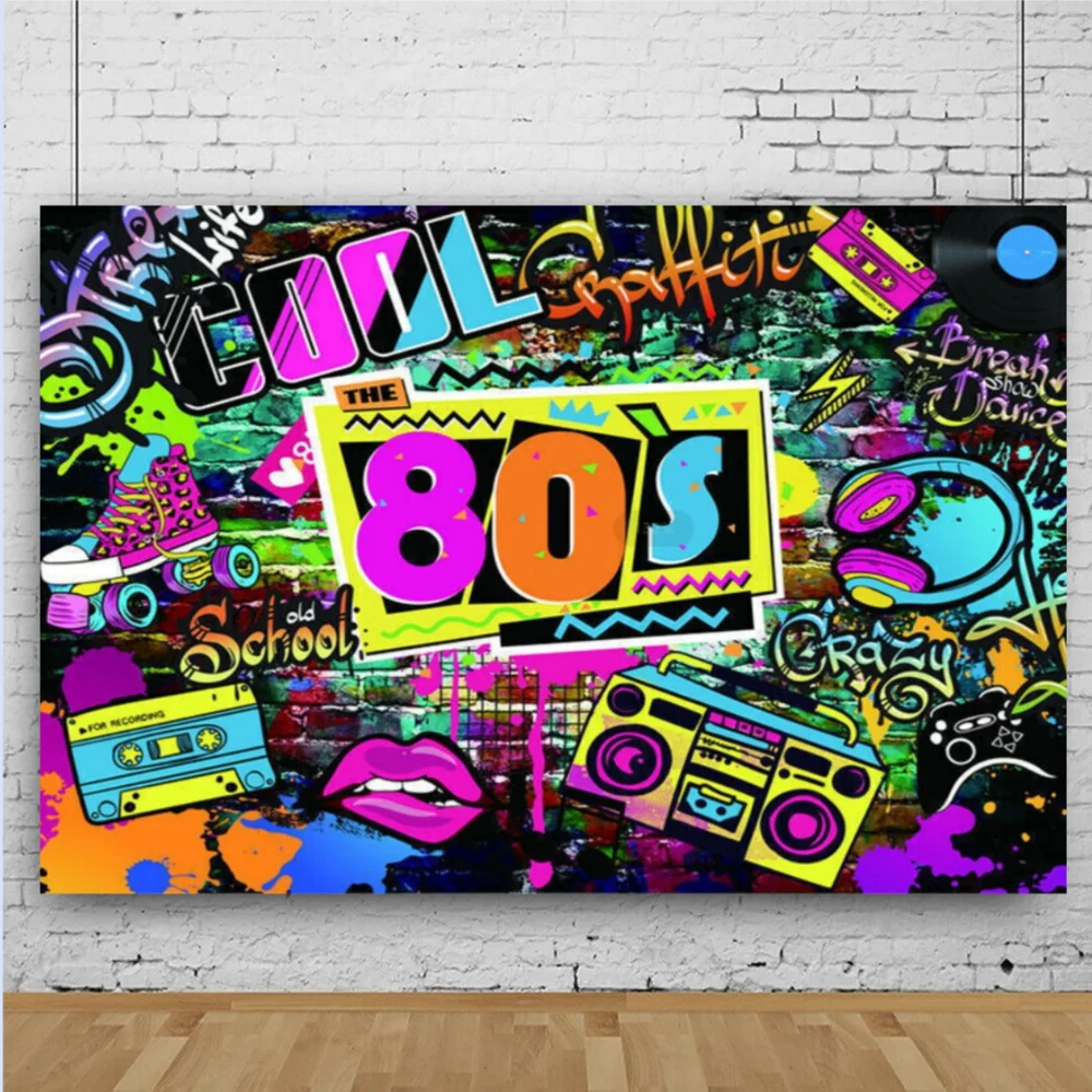 Back To 80\'s Theme Party Decoration 80\'s Party Banner Music Disco Backdrops Graffiti Neon Glow Photography Backgrounds Decor