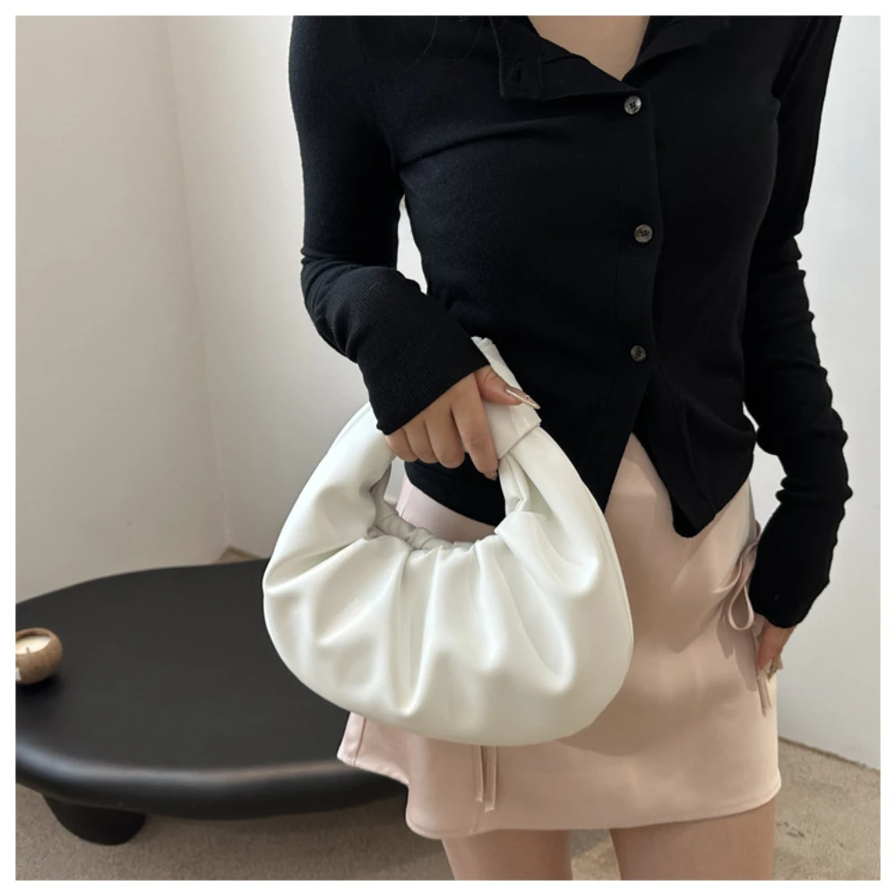 Women Pleated Clutch Bag Solid Color PU Leather Knot Top Handle Bag Fashion Simple Ladies Ruched Pouch for Outdoor Travel