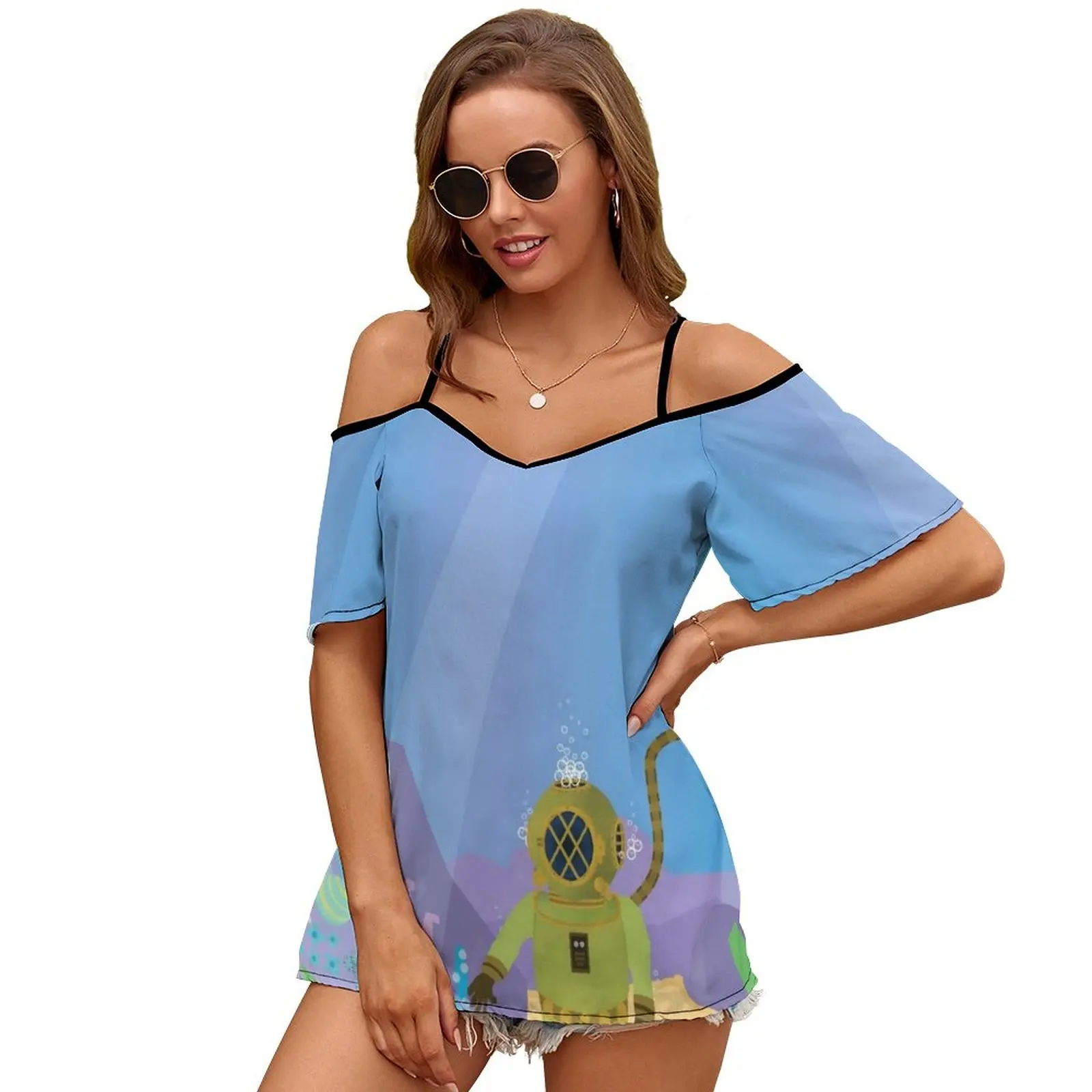 Hidden Treasure Of The Deep Women Short Sleeve Tops O-Neck Hollow Out Shoulder Strap Tees Streetwear Scuba Coral Colour Life