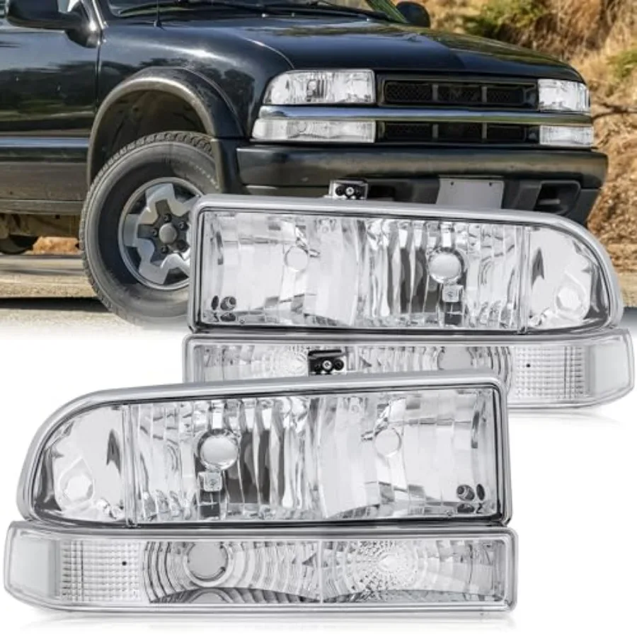 

Headlights Assembly for 1998-2004 Chevy Blazer S10 Pickup SUV Chrome Housing Clear Reflector Driver and Passenger Side Bumper L