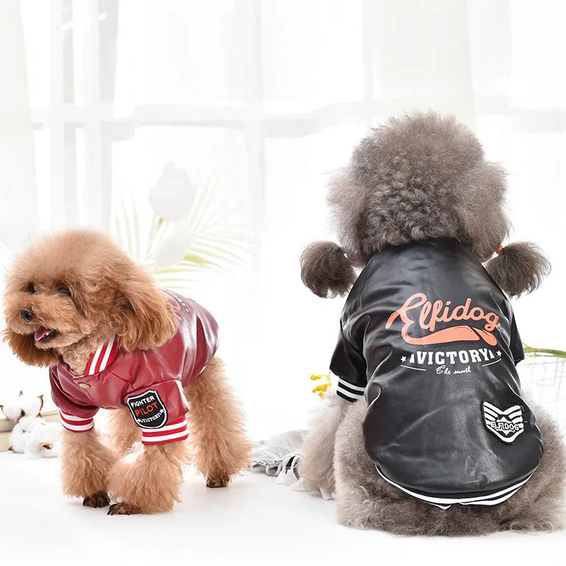 Pet Leather Jacket Dog Baseball Suit Teddy Bear with Plush Leather Jacket Dog Coat Autumn and Winter Clothing for Small Dogs